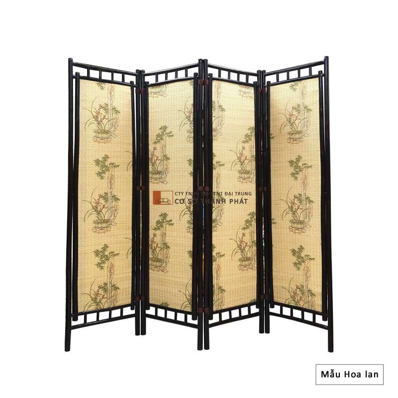 Bình phong tre khung nâu sơn PU, sơn bóng 4 cánh Đại Trung mẫu hoa lan 1m75 x 0.5m