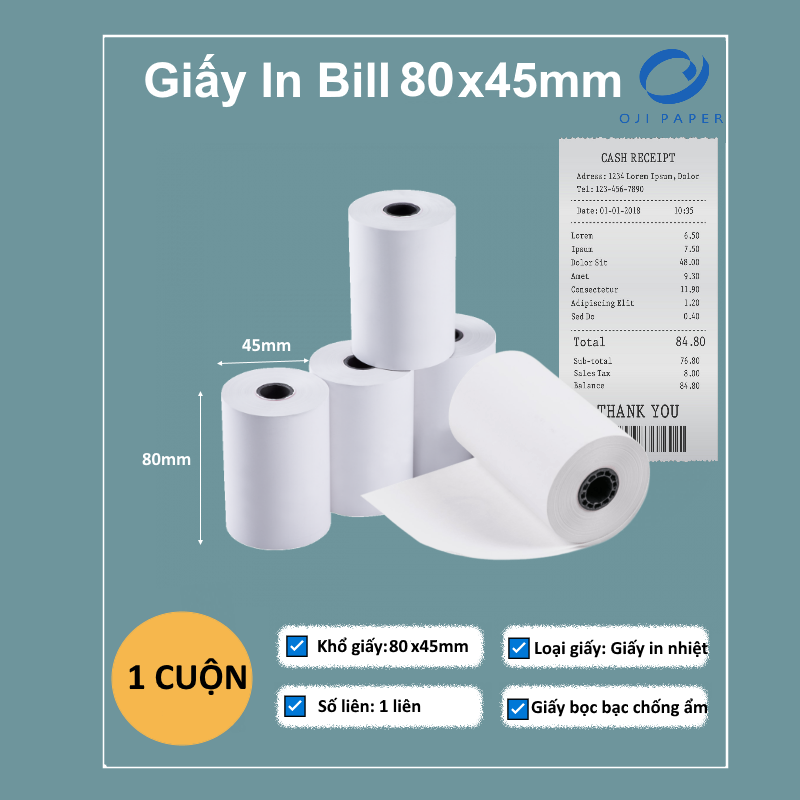 Giấy In Nhiệt Oji K80 Phi 45 (80x45mm) 1 Cuộn - Giấy in hóa đơn, in bill tính tiền khổ K80x45