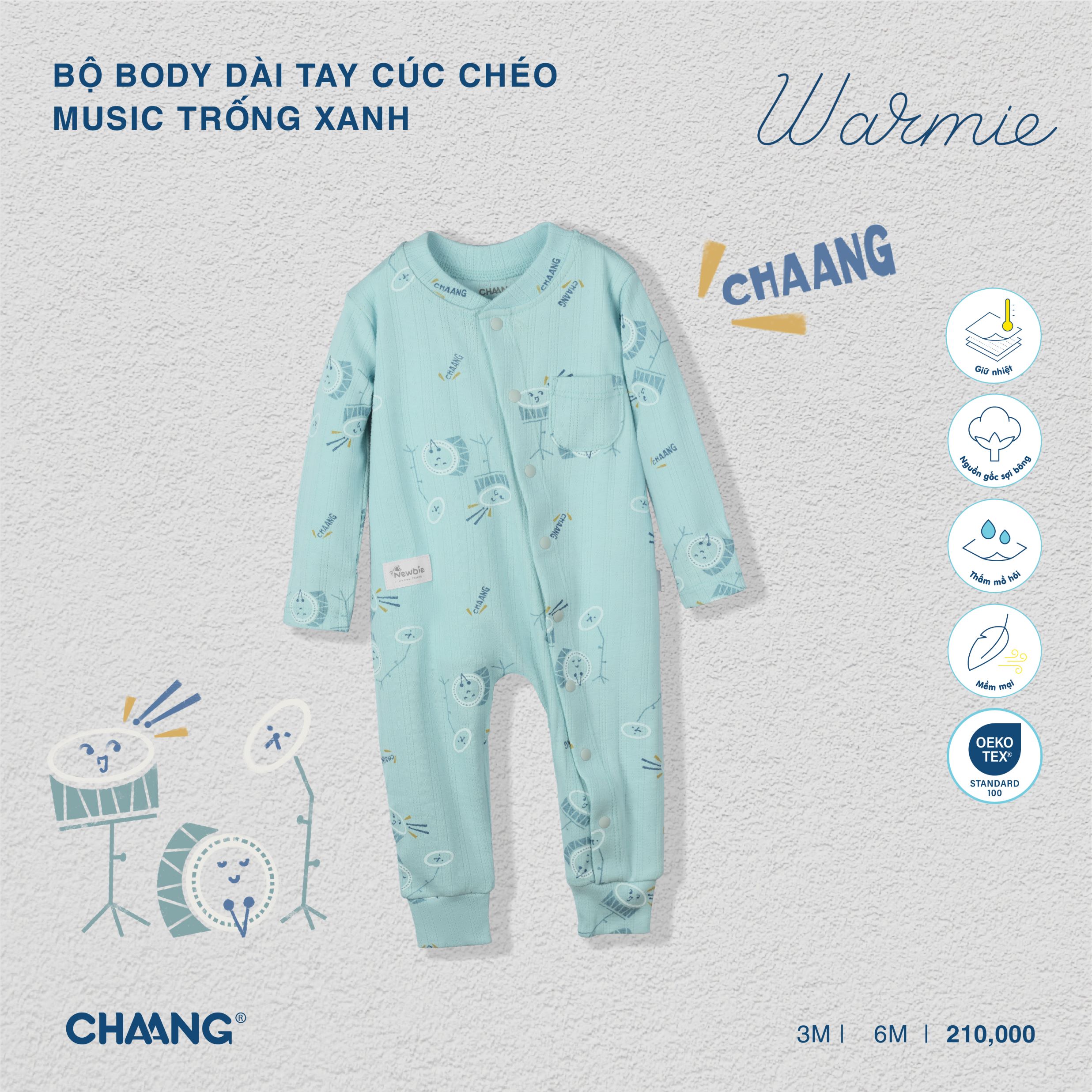 [CHAANG] Bộ body dài cúc giữa sơ sinh Music Chaang