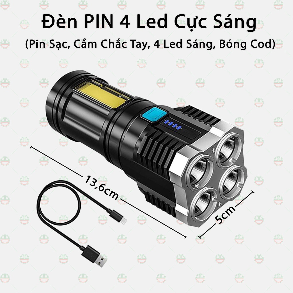 Đèn pin cầm tay chiếu xa siêu sáng 4 bóng 4 chế độ sạc usb, đèn pin led, du lịch