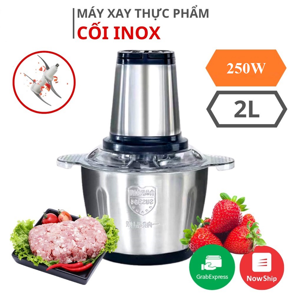 Máy Xay Thịt Cối Inox 304 Công Suất Lớn 250W Loại 2 Lít, Máy Xay Cầm Tay 4 Lưỡi Đa Năng Xay Thực Phẩm, Xay Đá, Xay Sinh Tố, Hoạt Động Linh Hoạt, Thân Máy Cối Có Thể Tháo Rời Dễ Dàng Vệ Sinh.