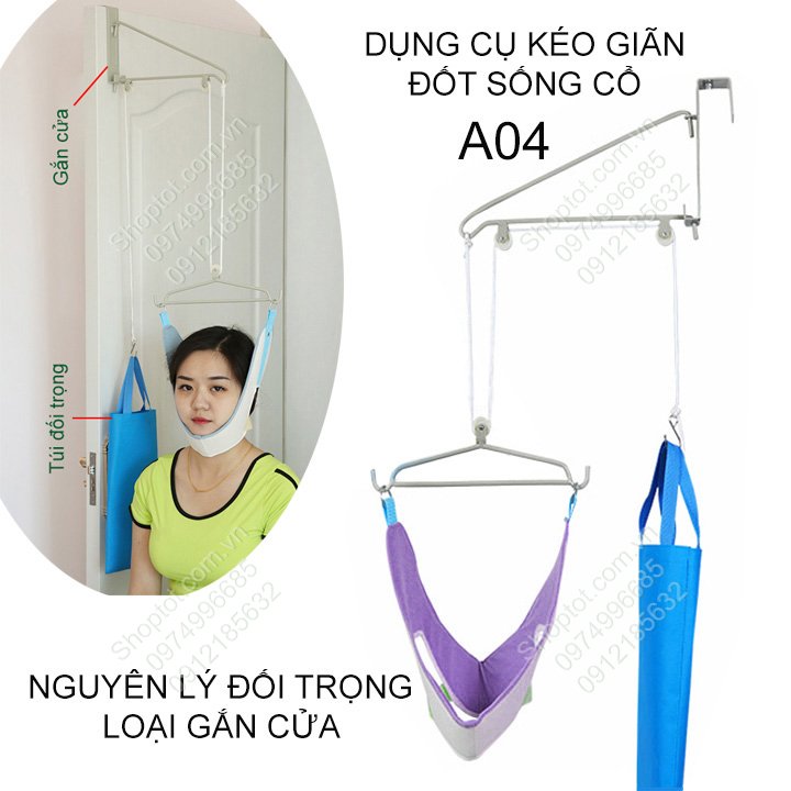 Dụng cụ kéo giãn đốt sống cổ theo nguyên lý đối trọng, cho người thoái hóa đốt sống cổ, gắn cửa A04