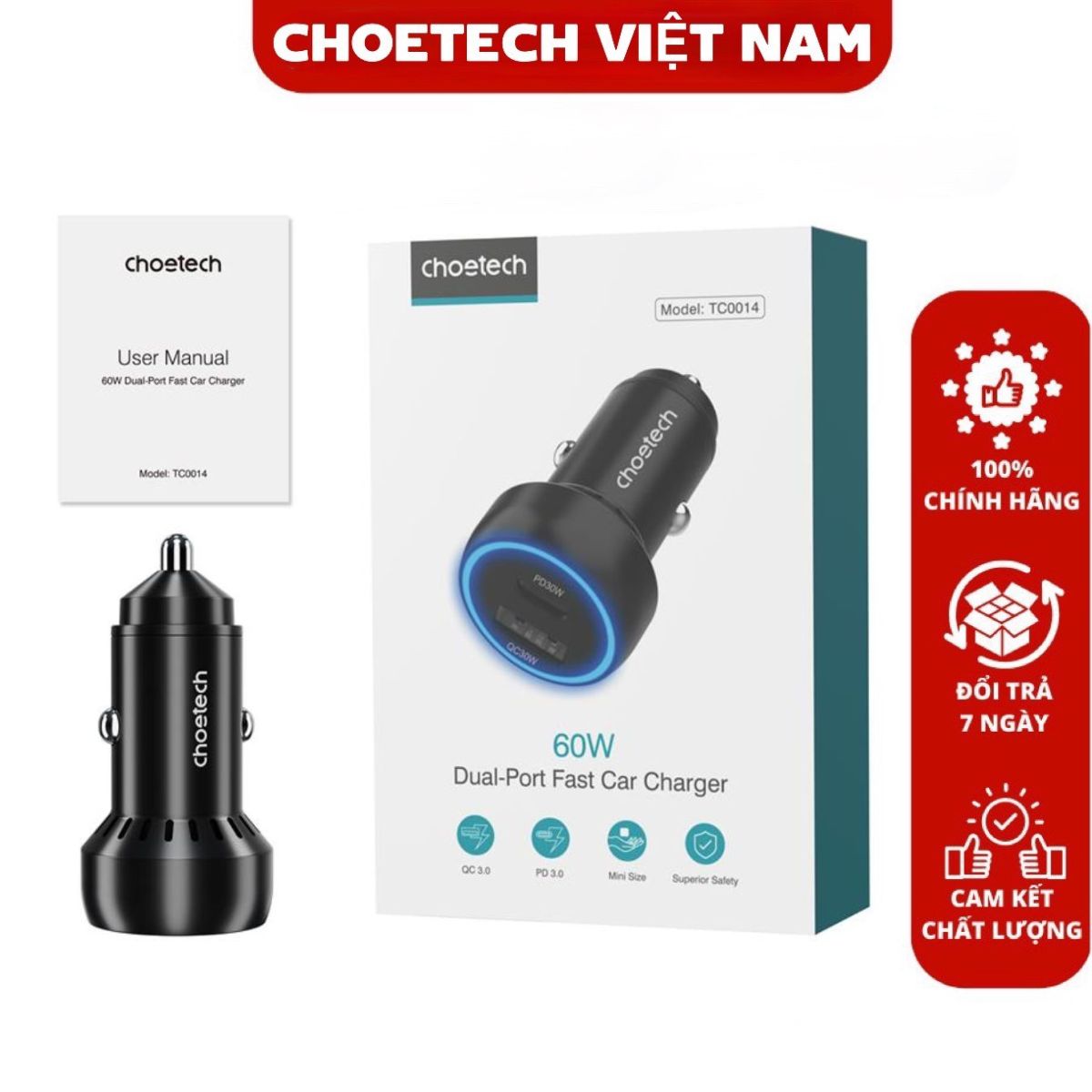Tẩu sạc nhanh 60w choetech tc0014 dùng trên ô tô
