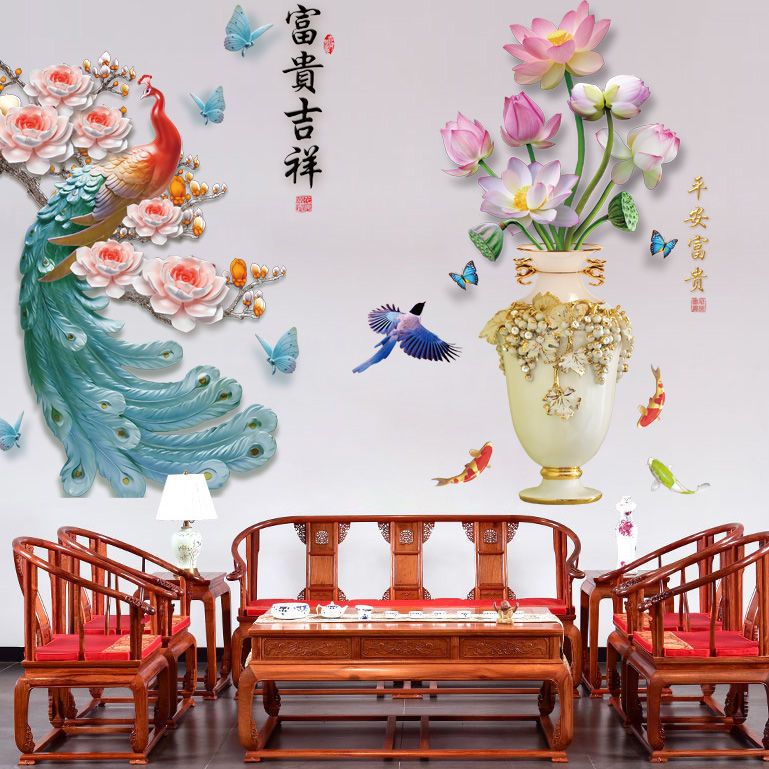 DECAL DÁN TƯỜNG TẾT CHIM CÔNG VÀ BÌNH HOA PHONG THỦY 5