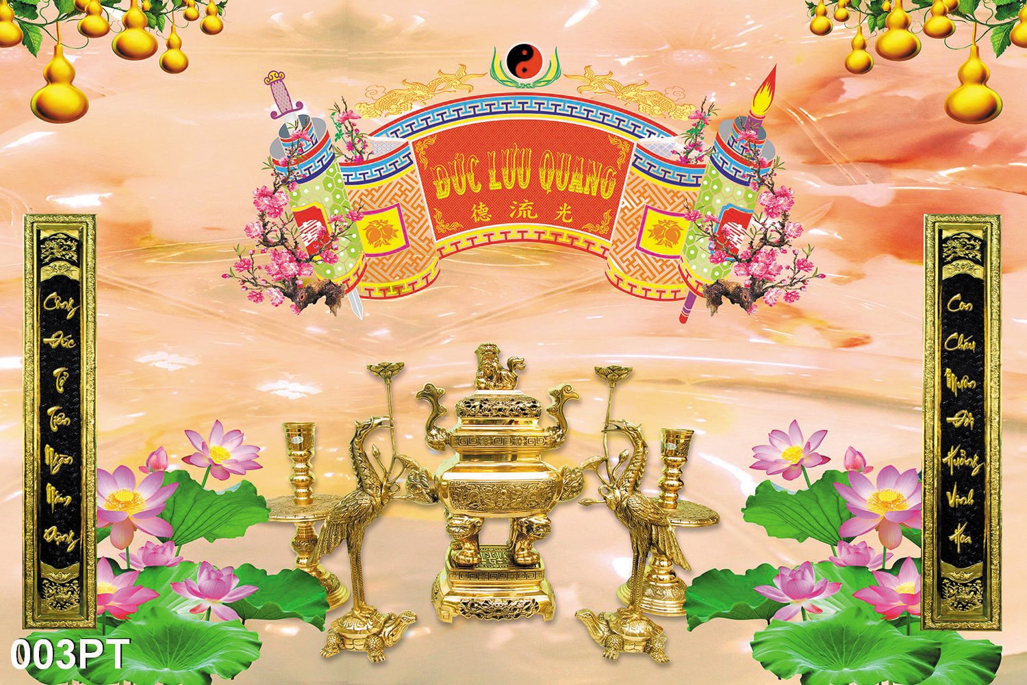 Tranh dán tường 3d phòng thờ gia tiên - tranh dán bàn thờ ông bà - tranh mâm quả yan shop