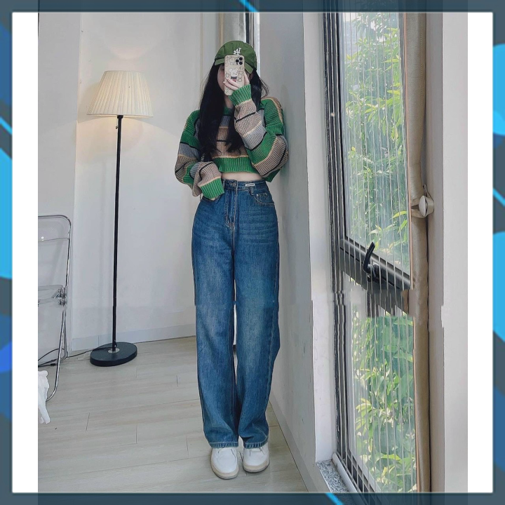 Áo len croptop sọc xanh Qc siêu hot