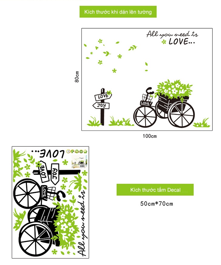 [HCM]DECAL DÁN TƯỜNG GIỎ HOA VÀ XE ĐẠP XANH