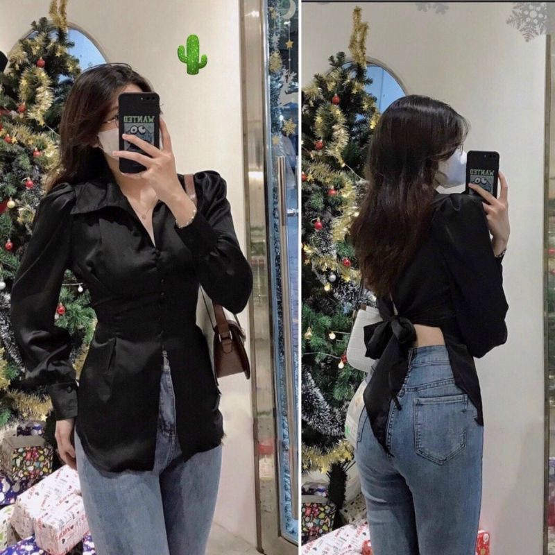 🎀 Áo sơ mi tiểu thư nơ sau, chất phi lụa siêu đep, full tem mác size<52kg 🎀