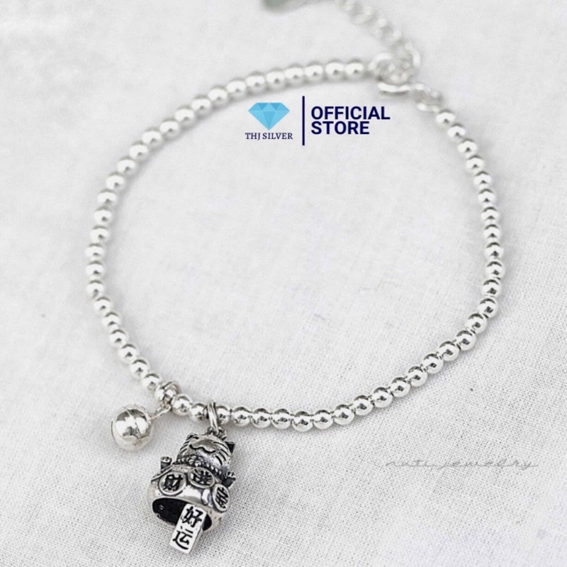 Lắc tay bi mix charm mèo thần tài chuông may mắn - THJ SLIVER