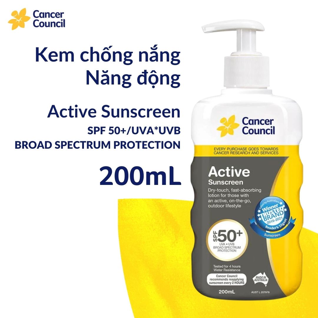 Kem chống nắng năng động Cancer Council Active SPF 50+ PA ++++ 200ml
