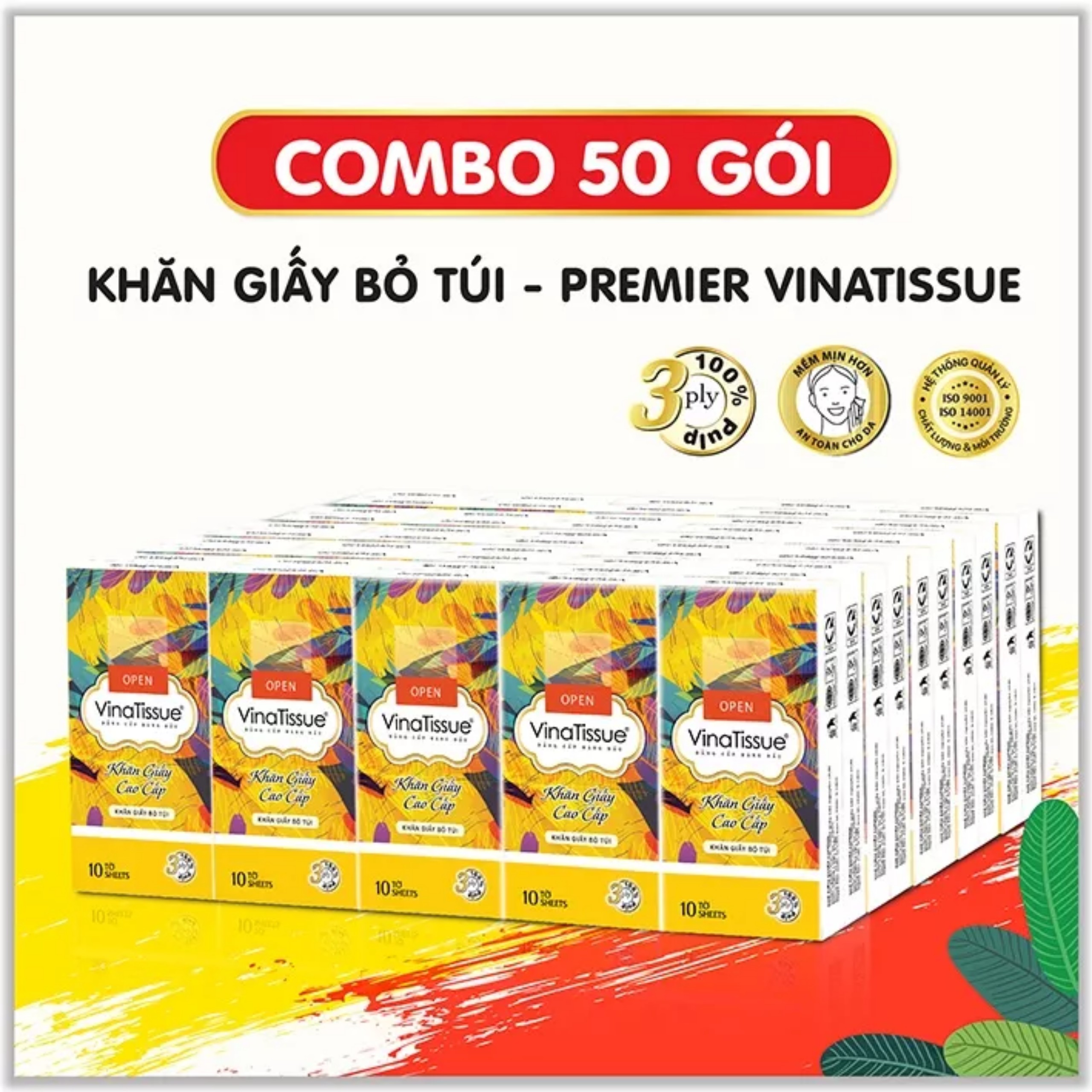 Lot of 10 Packs of Premier Vinatissue Multi-Purpose Pocket Tissue Paper 3 Layers 100% Virgin Pulp, No Bleach, Pack of 10 Sheets