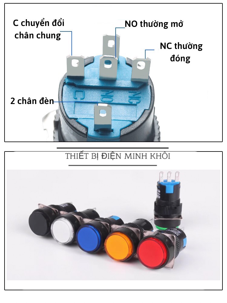 nút nhấn phi 16 tròn, nút nhấn đề phi 16mm có đèn
