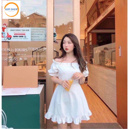 Đầm xòe trễ vai tay bèo siêu xinh