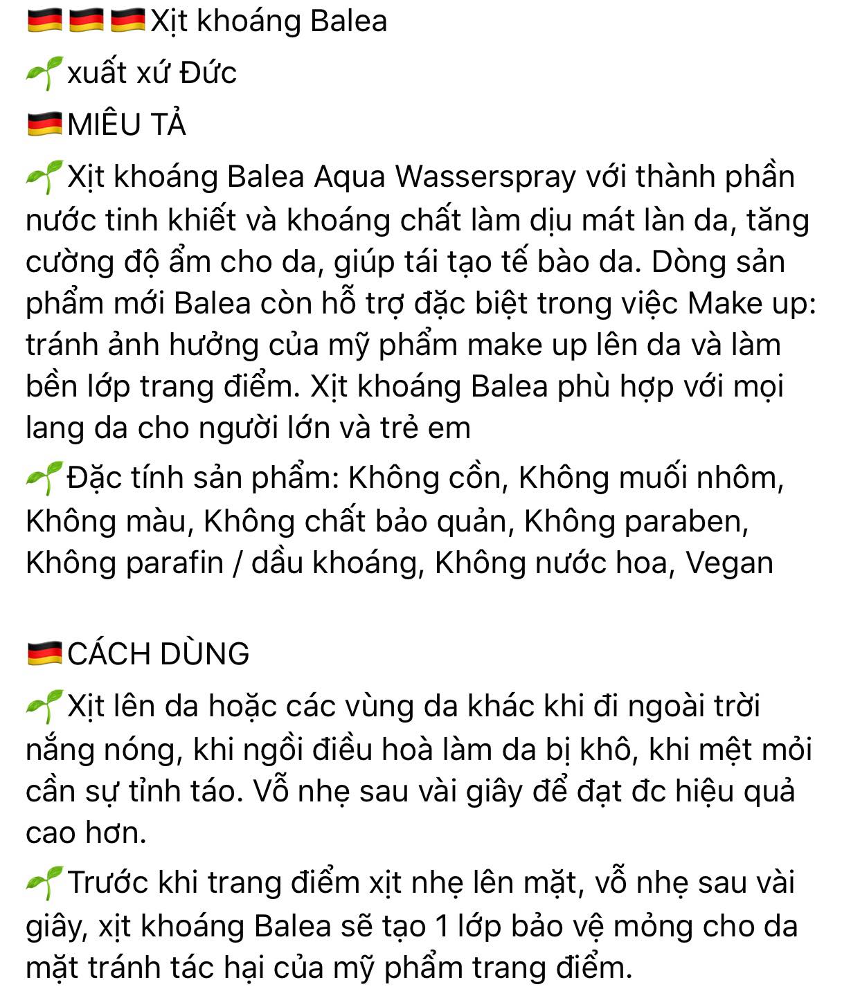 XỊT KHOÁNG BIỂN BALEA, HÀNG NỘI ĐỊA ĐỨC