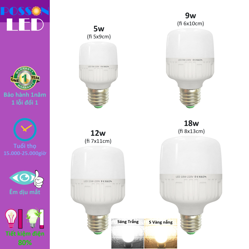 Bóng đèn Led trụ 5w 9w 10w 12w 18w bup trụ bulb kín chống nước tiết kiệm điện Posson LC-N5-18x