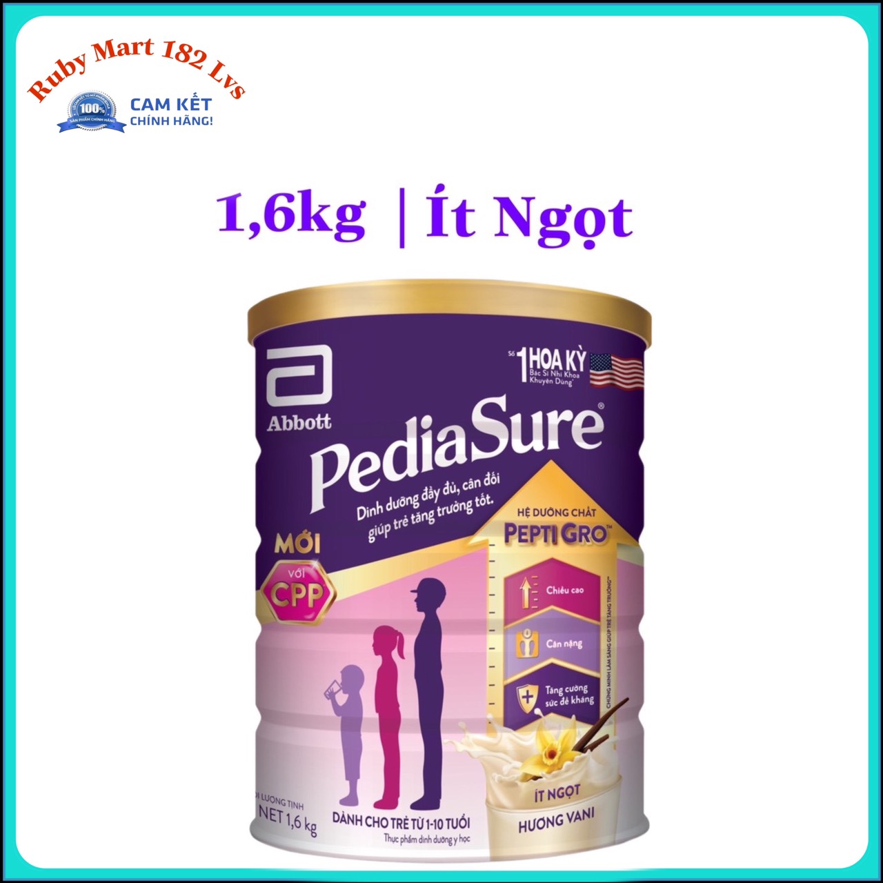 [Date 1.2025] Sữa bột Pediasure Lon 1,6kg Vani Ít Ngọt