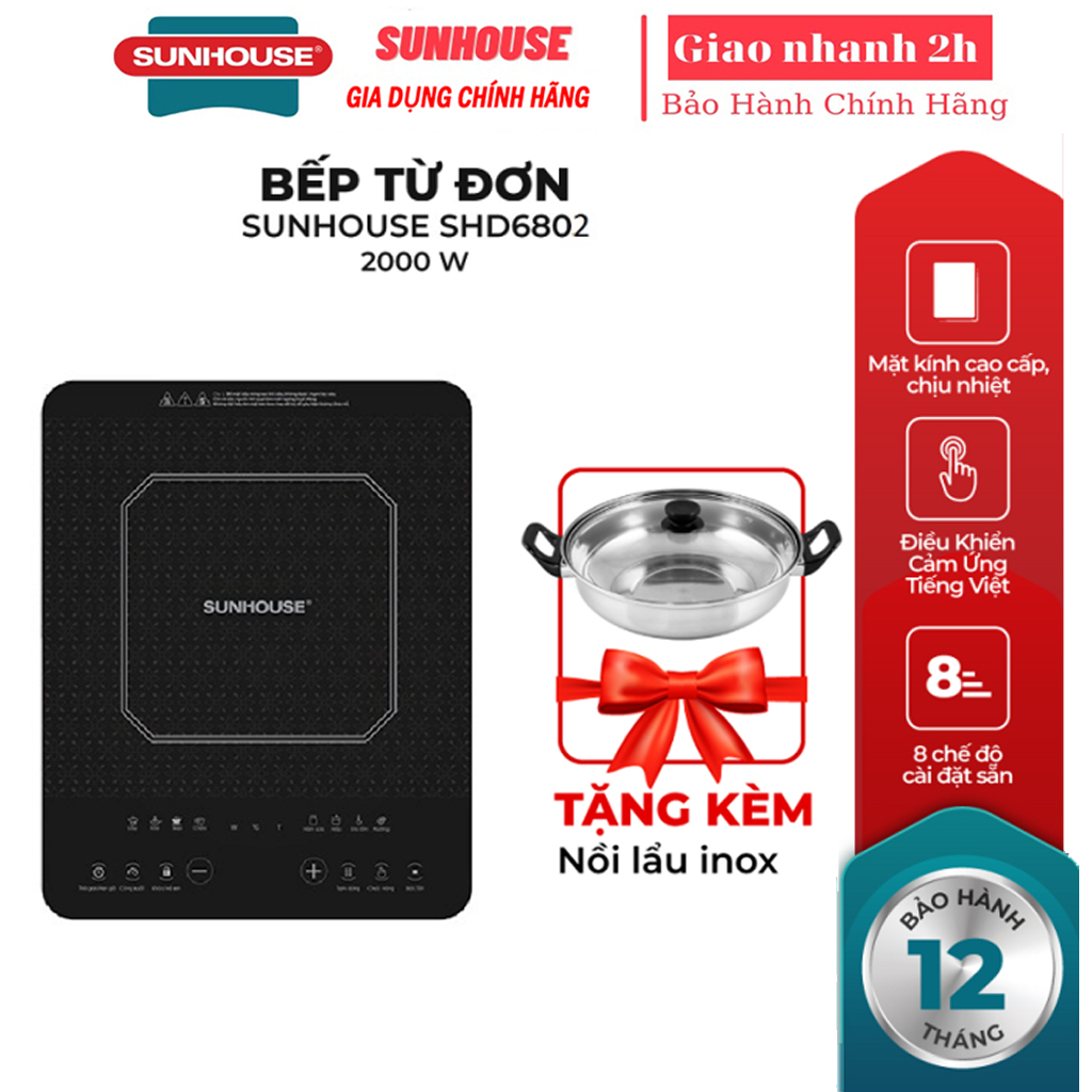 Bếp từ đơn Sunhouse SHD6802 công suất 2000w (kèm nồi) + tặng dao làm bếp màu đen