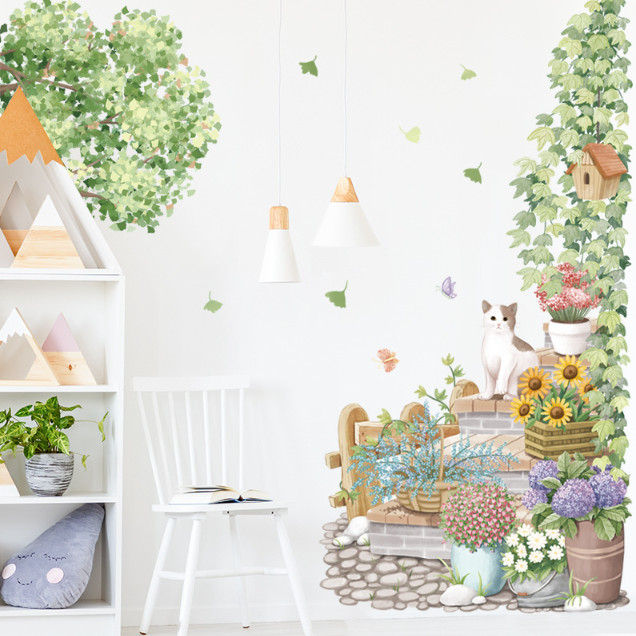 Decal trang trí tường - Khu vườn nhỏ của chú mèo dễ thương