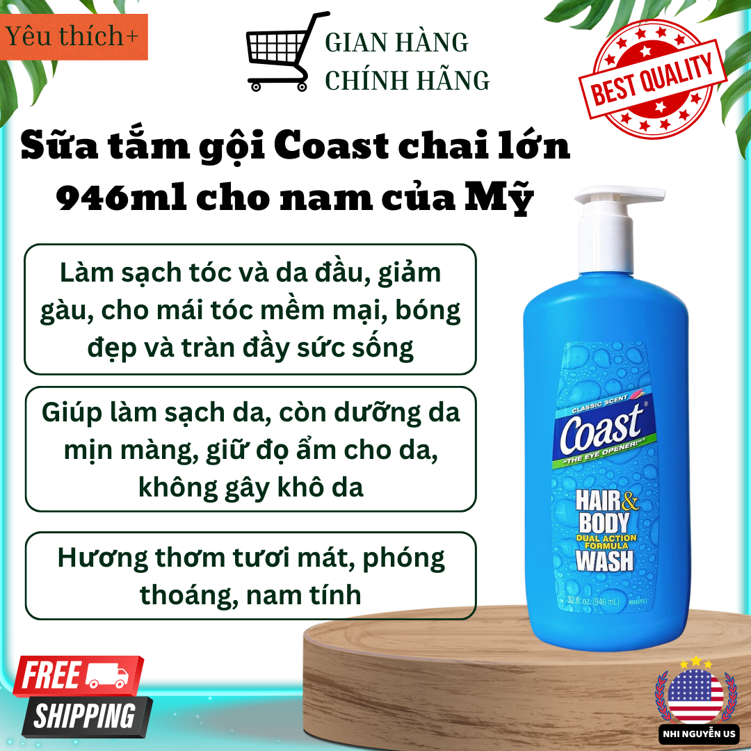 Sữa tắm gội Coast chai lớn 946ml cho nam của Mỹ