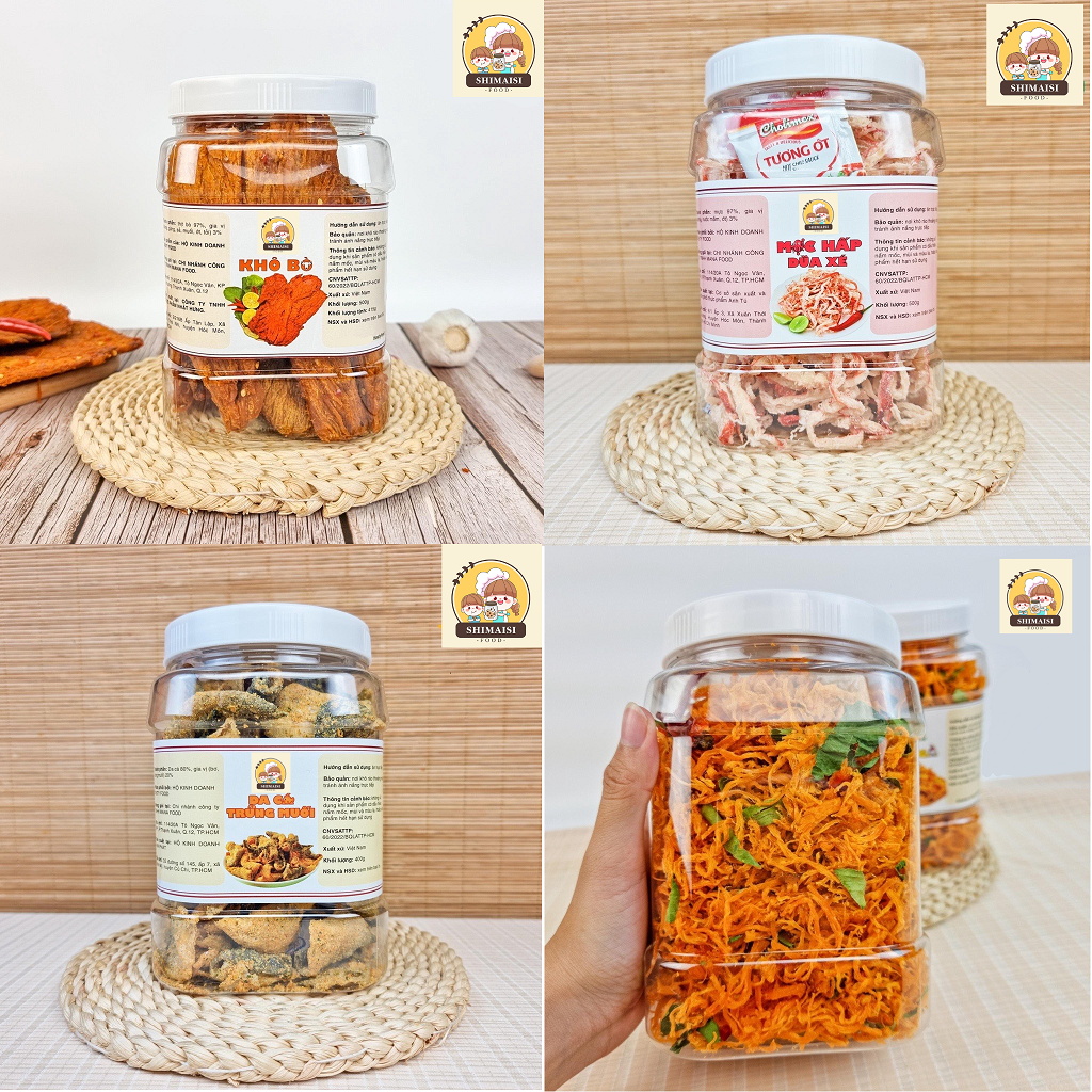 COMBO 4 MÓN Khô Bò, Mực, Gà, Da Cá Muối Hũ 2000gr đồ ăn vặt