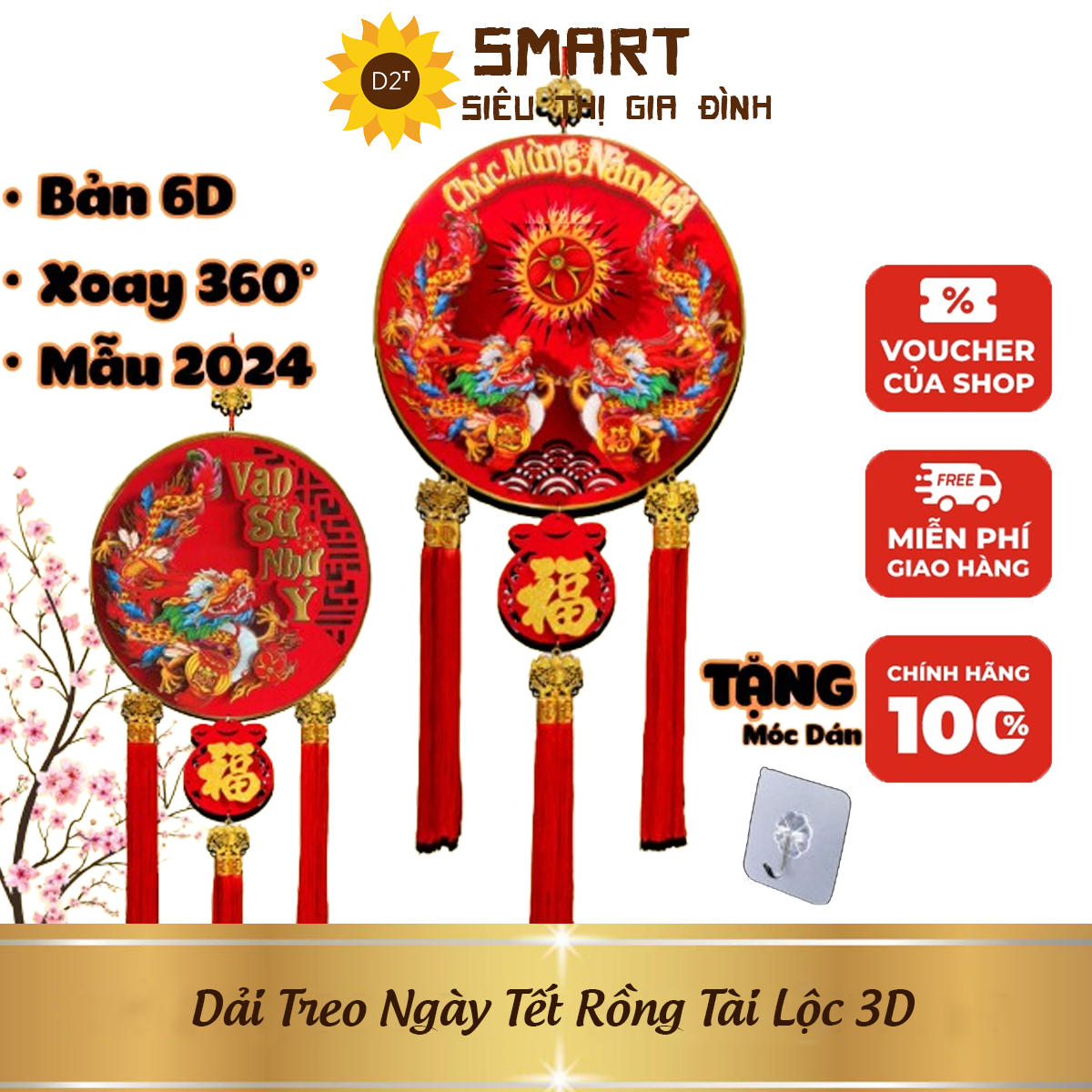 Dải treo tết rồng hút lộc 3d may mắn - tranh trang trí nhà cửa tết 2024