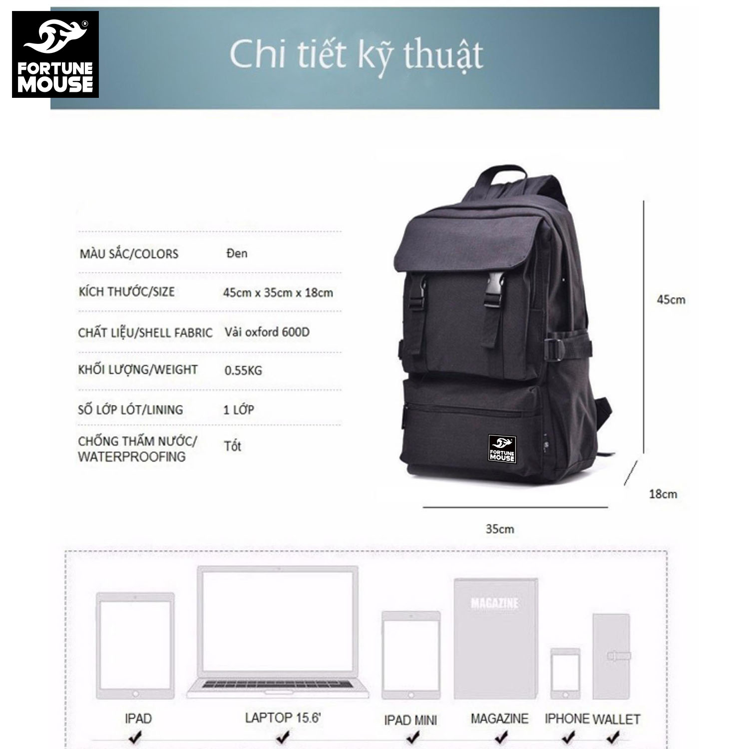 Balo laptop 16inch hàn quốc Fortune Mouse B058