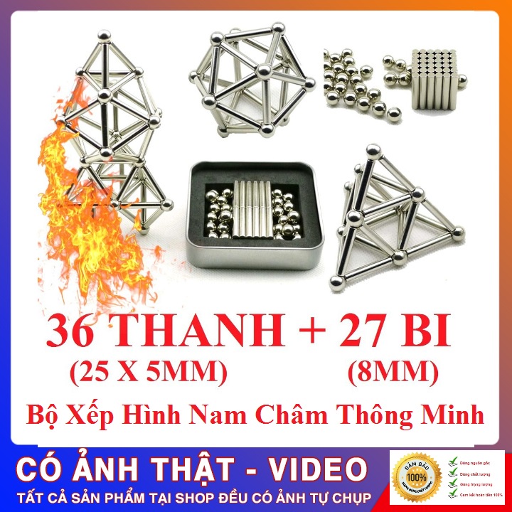 Bộ Đồ Chơi Bi Nam Châm Xếp Hình Phát Triển Trí Tuệ Thông Minh Bucky Bars 27 Bi và 36 thanh cho bé trẻ em từ 3 4 5 6 7 8 9 tuổi