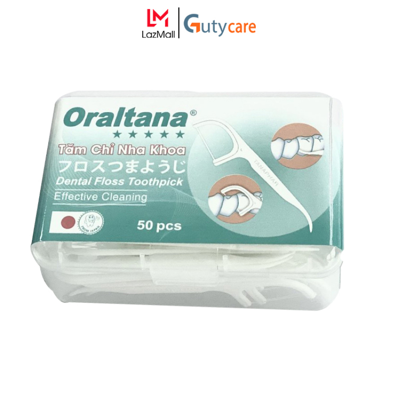 Tăm chỉ kẽ răng nha khoa y tế Oraltana 5 sao - Hộp 50 cây, vừa là chỉ nha khoa vừa dùng như tăm xỉa răng rất tiện lợi, sợi chỉ siêu dai, đầu tăm linh hoạt, sản xuất theo tiêu chuẩn quốc tế đạt chuẩn - Guty Care