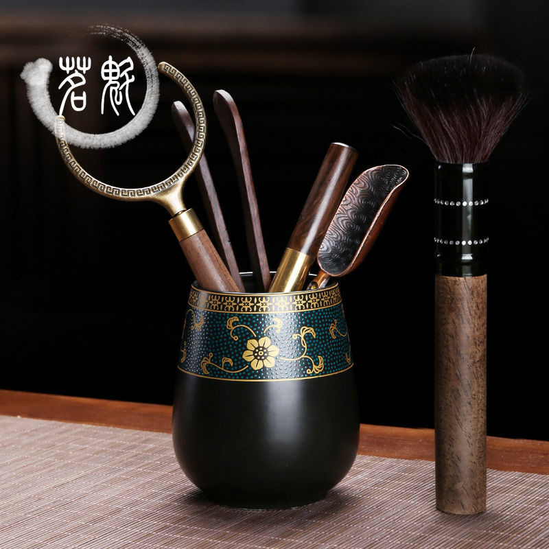 Bộ sáu quý ông trà đạo bằng gỗ mun 6 dụng cụ pha trà quý ông thìa kẹp trà phụ kiện bộ trà kung fu