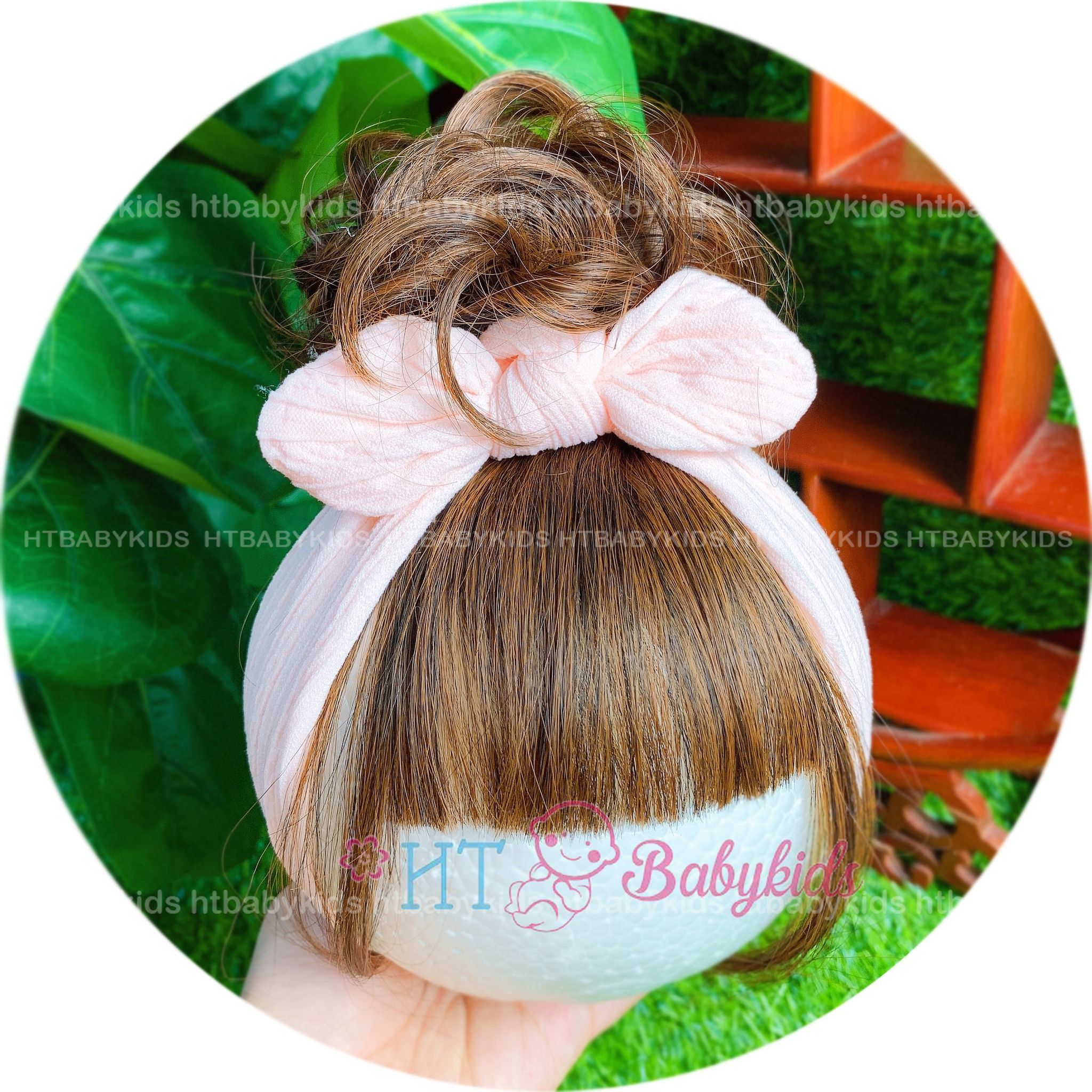 Turban băng đô tóc giả xoăn 1 búi chỏm cho bé gái