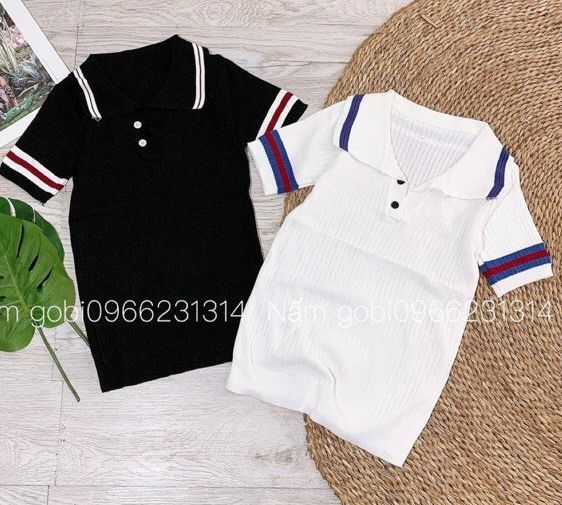 Áo thun gân len cổ bẻ viền , áo thun cổ sơ mi, áo thun nữ phối sọc siêu sang
