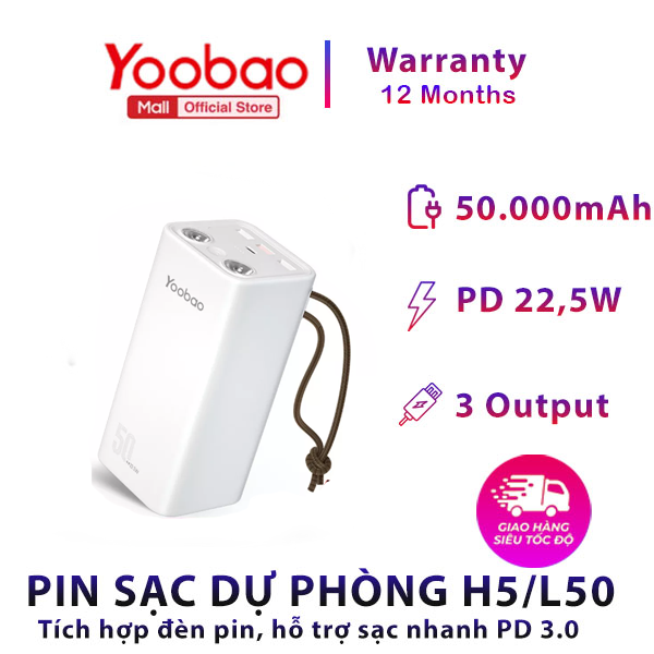 [TẶNG KÈM CÁP] Pin sạc dự phòng Yoobao H5 50000mAh - Tích hợp đèn pin siêu sáng - Sạc nhanh cho điện thoại, macbook, laptop - Hàng phân phối chính hãng - Bảo hành 12 tháng