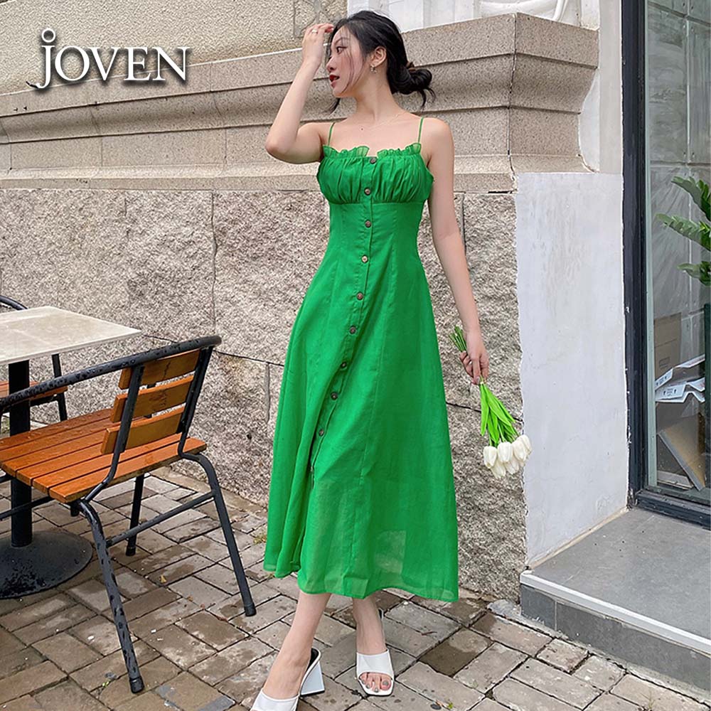 Đầm midi hai dây bèo nhún Joven
