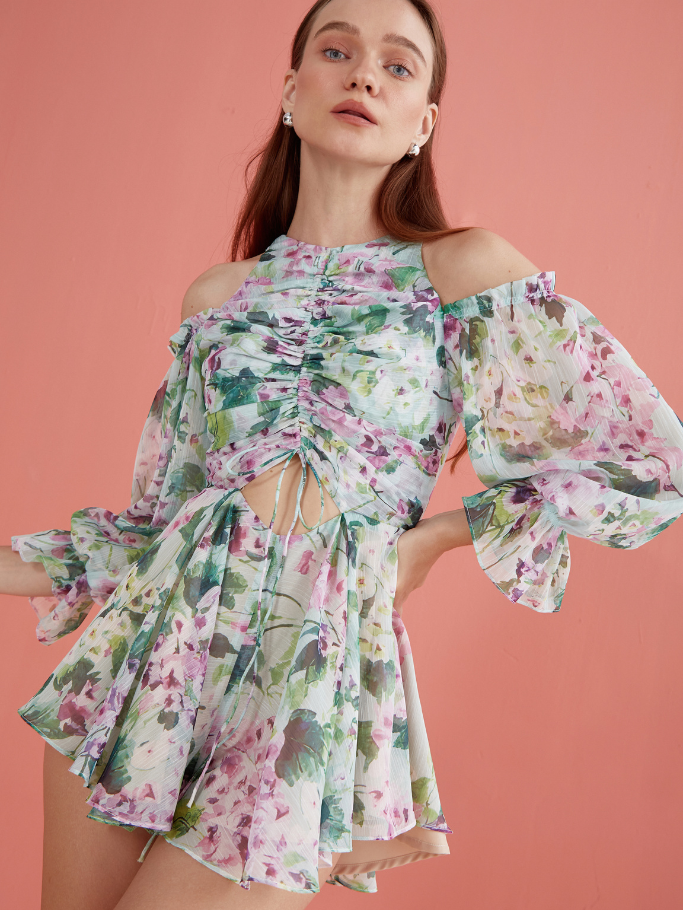 COCO SIN - Playsuit Hoa Xanh Nhún Ngực