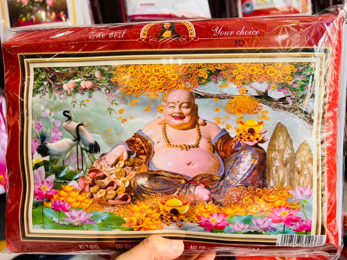 (Tặng kéo)Tranh thêu kín Phật Di Lặc Ngũ Phúc ( tranh chưa thêu)