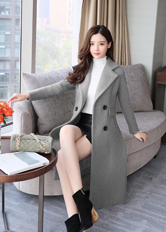 ÁO KHOÁC DẠ CỔ VEST DÁNG DÀI PHỐI NÚT - QC450875