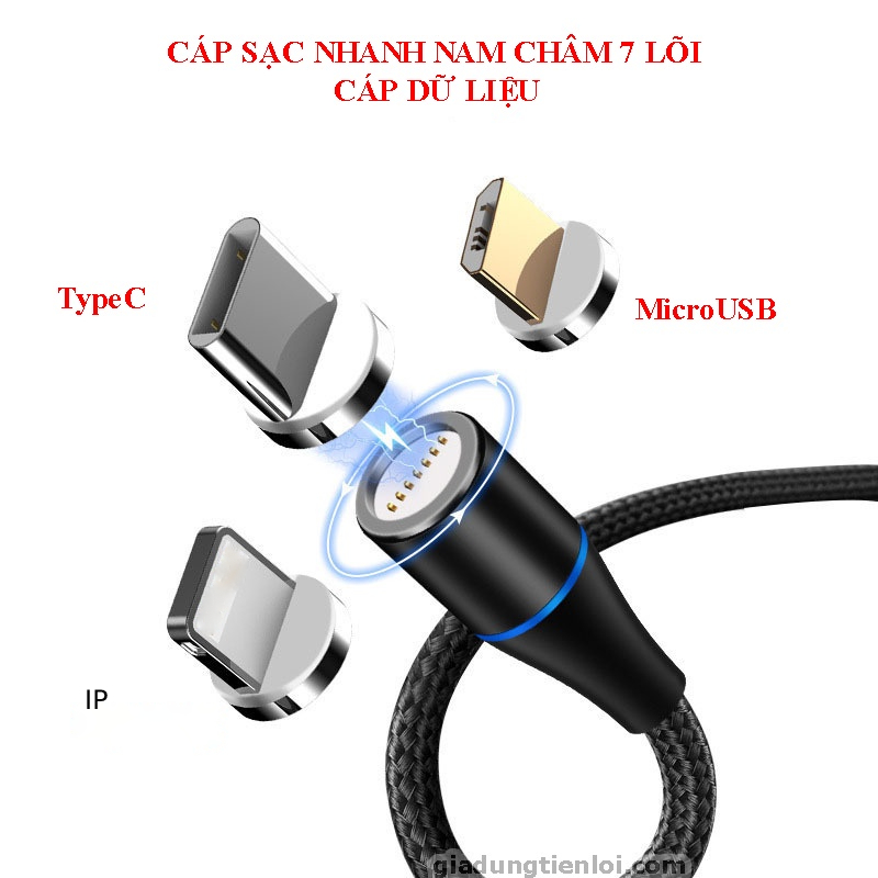 Cáp sạc nhanh nam châm 3 đầu xoay 360 độ có led cao cấp