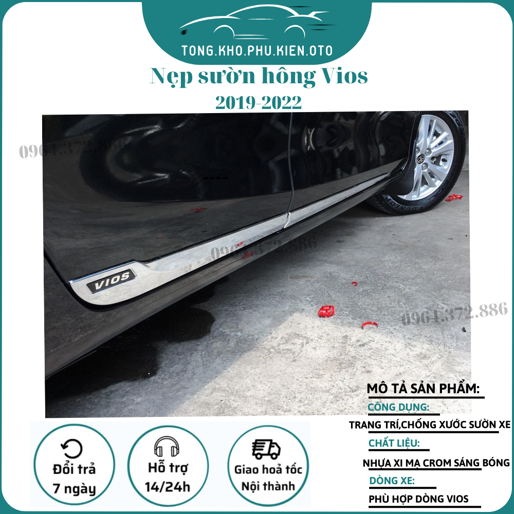 Nẹp sườn hông xe vios 2019 - 2023 nhựa abs mạ crom sáng bóng - mẫu chữ đen