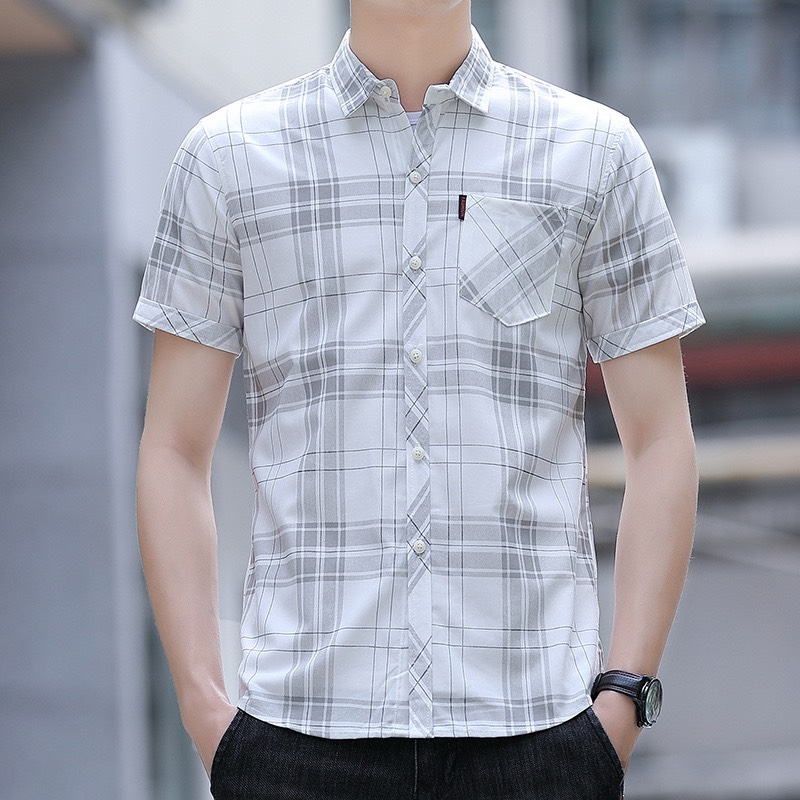 Áo sơ mi nam tay ngắn phối caro 1 túi cao cấp chất vải mềm mịn thoáng mát mẫu mới hot trend 2023