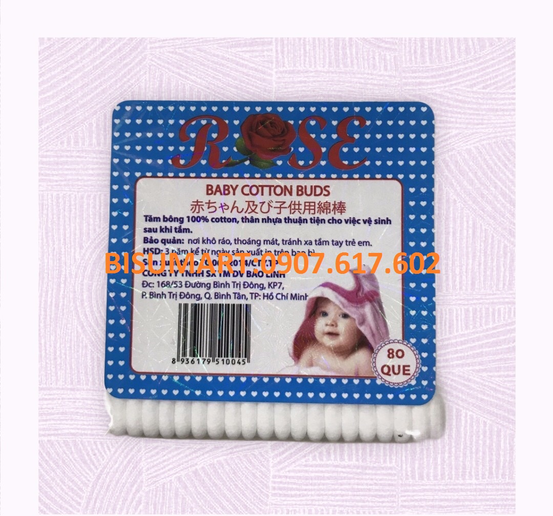 Rose Cotton Swabs for Babies with Plastic Core, Pack of 80 Sticks