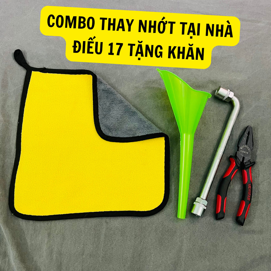 COMBO 4 Dụng cụ THAY NHỚT xe máy tại nhà, đầy đủ (PHỄU thay nhớt + ĐIẾU thay nhớt + KỀM + KHĂN)