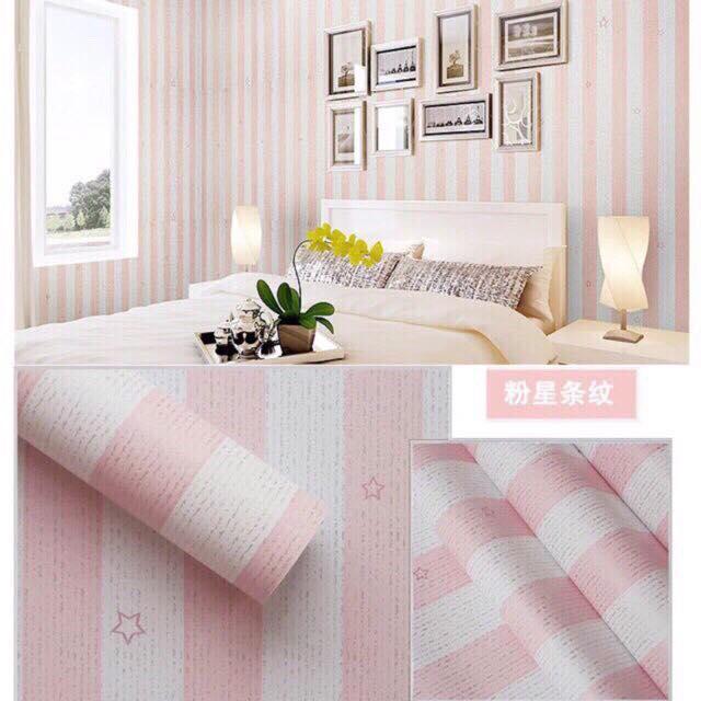 Combo 10M giấy decal dán tường mẫu sọc hồng sao nhạt khổ 45cm sẵn keo