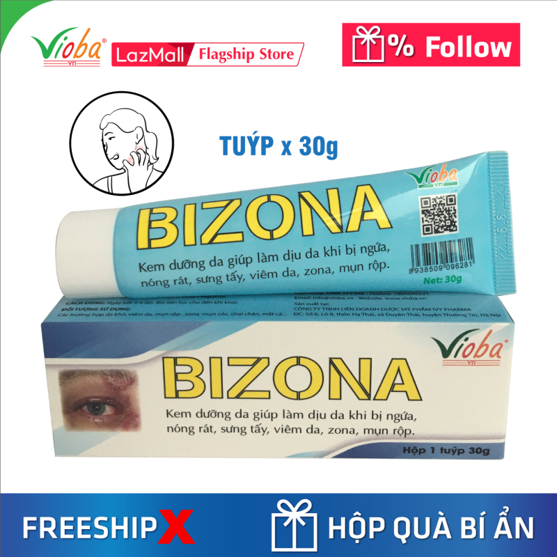 Kem chống dị ứng Đông Y, dưỡng da, giảm ngứa, dùng tốt khi bị zona, viêm da, mụn rộp. Tái tạo da, ngăn ngừa hình thành sẹo trong trường hợp bỏng nhẹ, vết côn trùng cắn, muỗi đốt. Kem bôi Bizona của Vioba, tuýp 30g giá rẻ