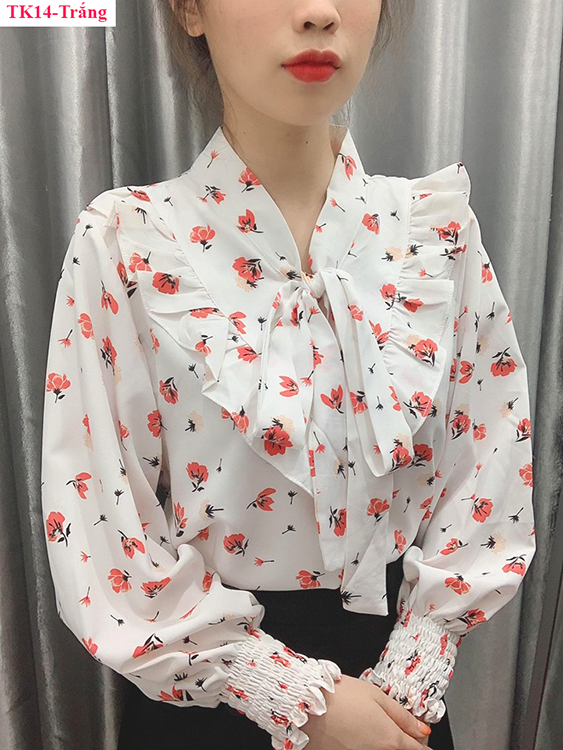 [HCM]TK14- Áo sơ mi hoa cổ nơ