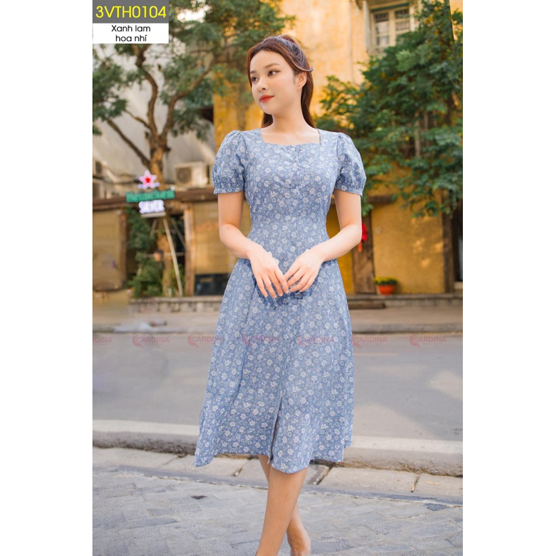 Đầm thô hoa nhí cổ xuông cao cấp Cardina