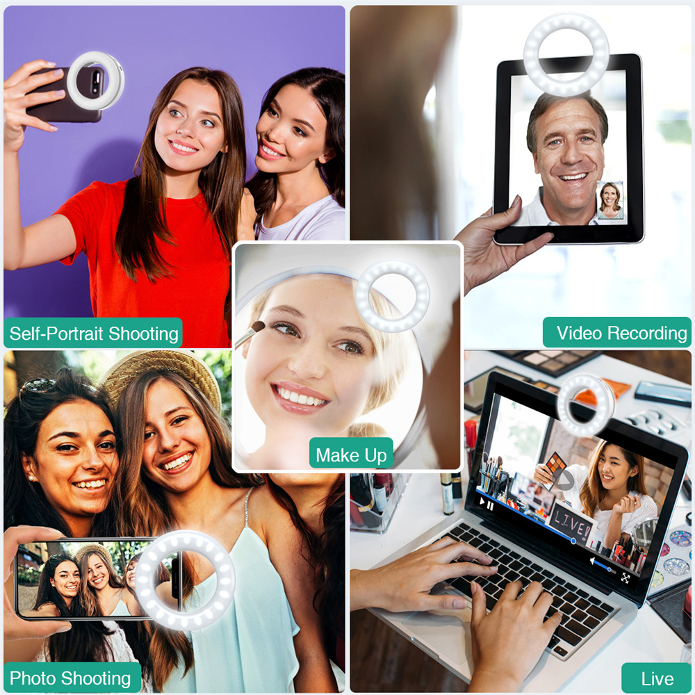 KIPRUN Selfie Ring Light [3 Light Modes] [Rechargeable], Clip on Phone Camera LED Light, Adjustable Brightness Selfie Circle Light for iPhone X Xr Xs Max 7 8 Plus 11 Pro Android iPad Laptop