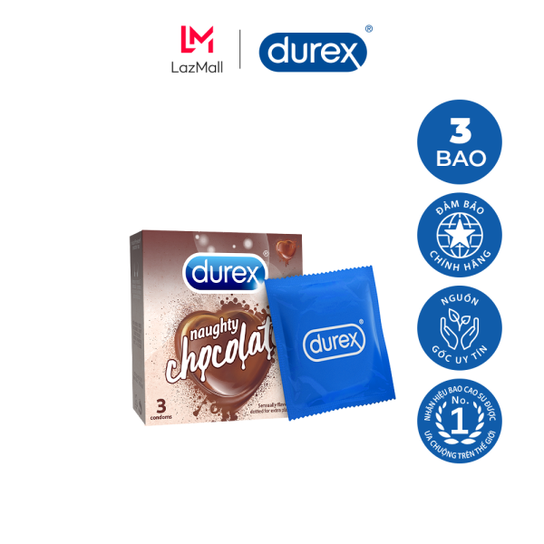 [VOUCHER GIẢM 60K]Bao cao su Durex Naughty Chocolate 3S thành phần an toàn từ mủ cao su cao cấp có chứa gel bôi trơn mùi chocolate ngọt ngào nhập khẩu