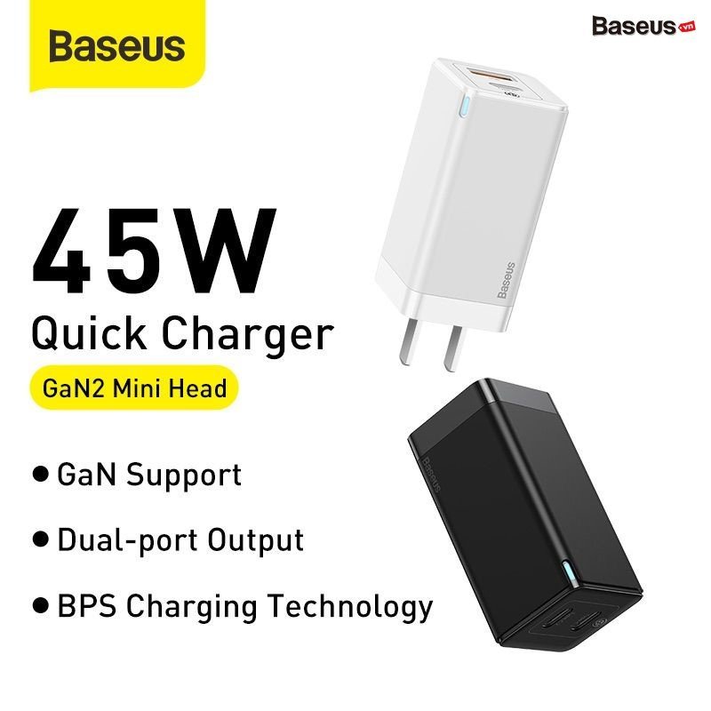 Củ sạc nhanh thế hệ mới, đa năng siêu nhỏ gọn Baseus GaN2 Mini Quick Charger C+U 45W