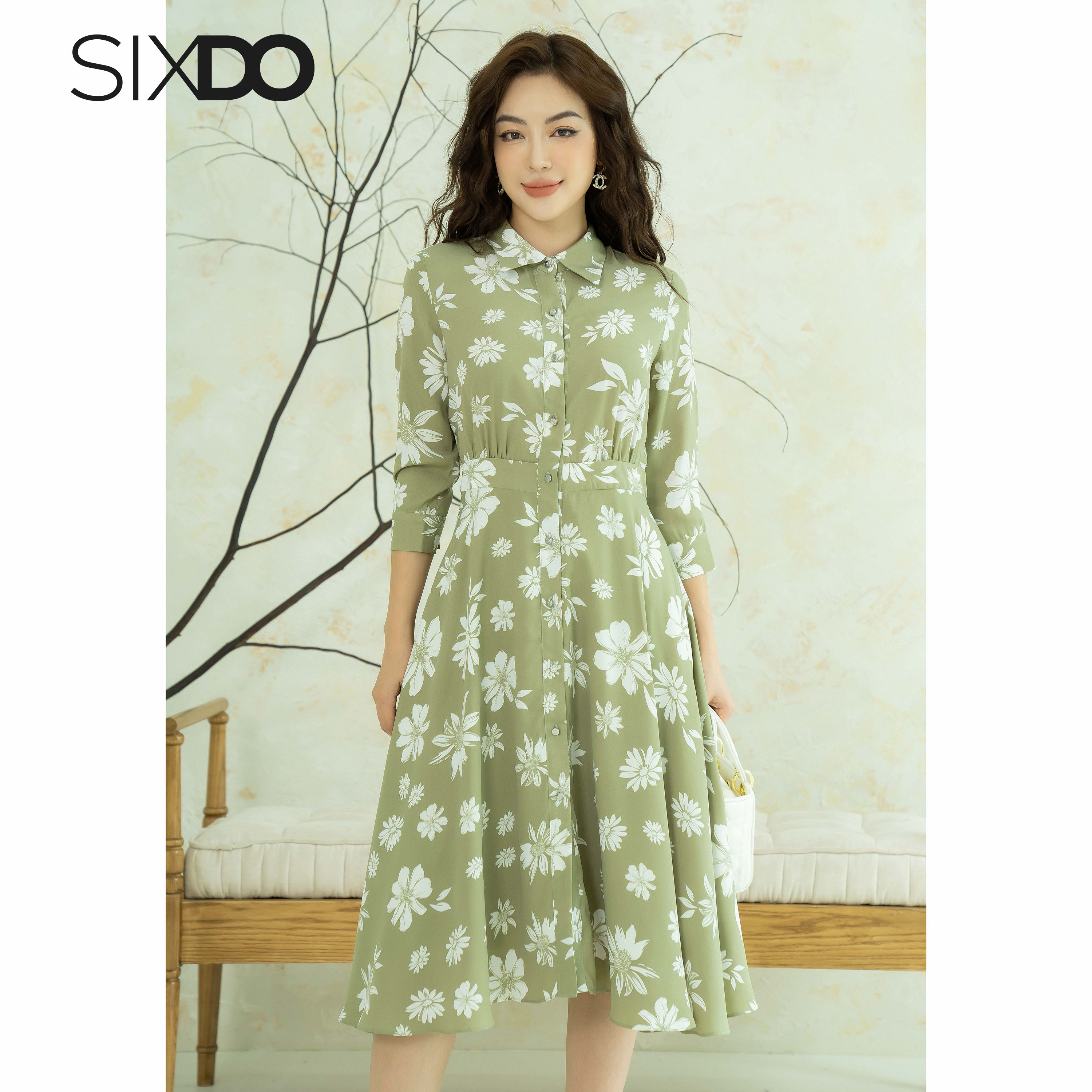Đầm sơ mi lụa họa tiết hoa SIXDO (Olive Floral Midi Silk Dress)