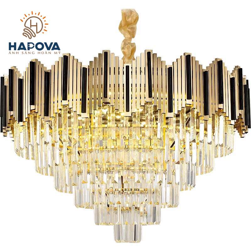 Đèn chùm phòng khách, đèn treo trần đường kính 800mm, 600mm HAPOVA DCH 0925 mix vàng Đen tròn Kèm bóng led 3 Chế độ E14